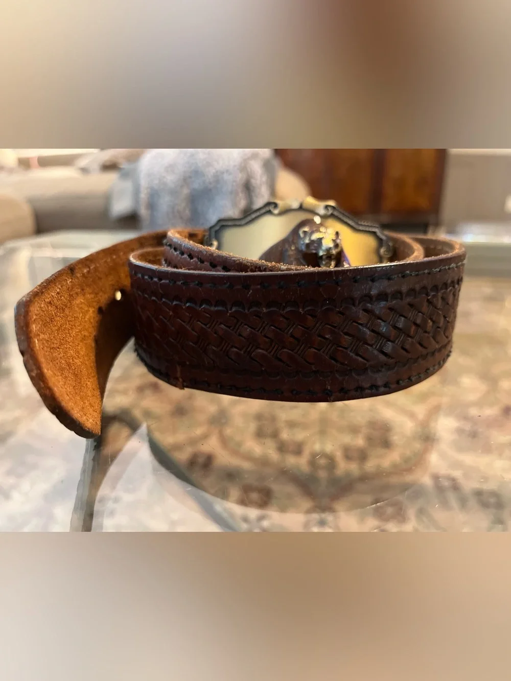 Raintree Bear Buckle Brown Tooled Leather Belt Western Rustic